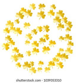 Shamrock background for Saint Patricks Day. Lucky trefoil confetti. Glitter frame of clover leaves.	 Template for flyer, special business offer, promo. Happy shamrock background.