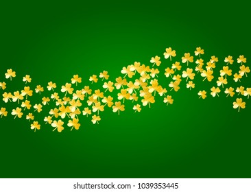 Shamrock background for Saint Patricks Day.  Lucky trefoil confetti. Glitter frame of clover leaves. Template for special business offer, banner, flyer. Happy shamrock background.