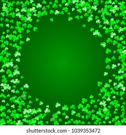 Shamrock background for Saint Patricks Day. Lucky trefoil confetti. Glitter frame of clover leaves.	 Template for voucher, special business ad, banner. Festal shamrock background.