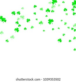 Shamrock background for Saint Patricks Day. Lucky trefoil confetti. Glitter frame of clover leaves.	 Template for special business offer, banner, flyer. Greeting shamrock background.