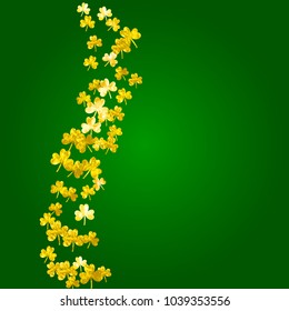 Shamrock background for Saint Patricks Day. Lucky trefoil confetti. Glitter frame of clover leaves.	 Template for voucher, special business ad, banner. Happy shamrock background.