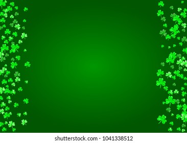 Shamrock background for Saint Patricks Day.  Lucky trefoil confetti. Glitter frame of clover leaves. Template for gift coupons, vouchers, ads, events. Merry shamrock background.