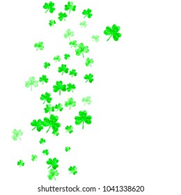Shamrock background for Saint Patricks Day. Lucky trefoil confetti. Glitter frame of clover leaves.	 Template for flyer, special business offer, promo. Celtic shamrock background.
