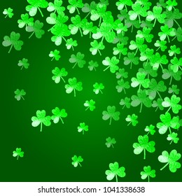 Shamrock background for Saint Patricks Day. Lucky trefoil confetti. Glitter frame of clover leaves.	 Template for poster, gift certificate, banner. Dublin shamrock background.