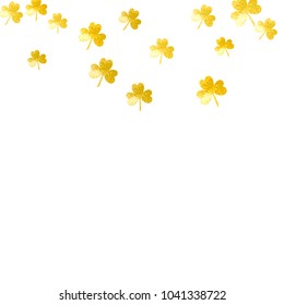 Shamrock background for Saint Patricks Day. Lucky trefoil confetti. Glitter frame of clover leaves.	 Template for poster, gift certificate, banner. Decorative shamrock background.
