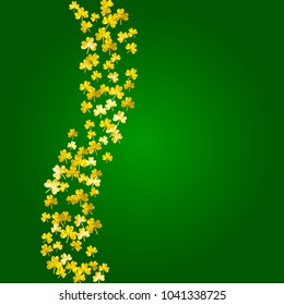 Shamrock background for Saint Patricks Day. Lucky trefoil confetti. Glitter frame of clover leaves.	 Template for party invite, retail offer and ad. Dublin shamrock background.