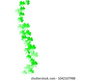 Shamrock background for Saint Patricks Day.  Lucky trefoil confetti. Glitter frame of clover leaves. Template for flyer, special business offer, promo. Decorative shamrock background.