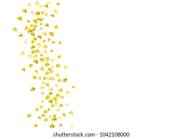 Shamrock background for Saint Patricks Day.  Lucky trefoil confetti. Glitter frame of clover leaves. Template for flyer, special business offer, promo. Merry shamrock background.