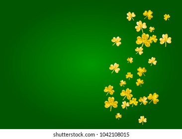 Shamrock background for Saint Patricks Day.  Lucky trefoil confetti. Glitter frame of clover leaves. Template for special business offer, banner, flyer. Festal shamrock background.