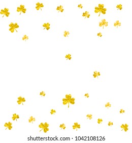 Shamrock background for Saint Patricks Day. Lucky trefoil confetti. Glitter frame of clover leaves.	 Template for poster, gift certificate, banner. Dublin shamrock background.