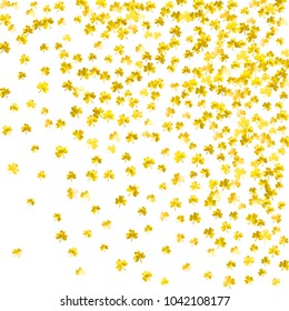 Shamrock background for Saint Patricks Day. Lucky trefoil confetti. Glitter frame of clover leaves.	 Template for voucher, special business ad, banner. Holiday shamrock background.