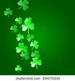 Shamrock background for Saint Patricks Day. Lucky trefoil confetti. Glitter frame of clover leaves. Template for party invite, retail offer and ad. Dublin shamrock background.