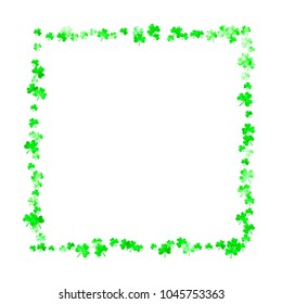 Shamrock background for Saint Patricks Day. Lucky trefoil confetti. Glitter frame of clover leaves. Template for special business offer, banner, flyer. Merry shamrock background.