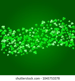 Shamrock background for Saint Patricks Day. Lucky trefoil confetti. Glitter frame of clover leaves. Template for special business offer, banner, flyer. Holiday shamrock background.