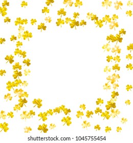 Shamrock background for Saint Patricks Day. Lucky trefoil confetti. Glitter frame of clover leaves. Template for party invite, retail offer and ad. Merry shamrock background.