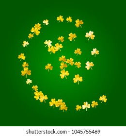 Shamrock background for Saint Patricks Day. Lucky trefoil confetti. Glitter frame of clover leaves. Template for flyer, special business offer, promo. Festal shamrock background.