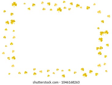 Shamrock background for Saint Patricks Day.  Lucky trefoil confetti. Glitter frame of clover leaves. Template for voucher, special business ad, banner. Greeting shamrock background.