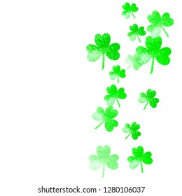 Shamrock background for Saint Patricks Day. Lucky trefoil confetti. Glitter frame of clover leaves. Template for voucher, special business ad, banner. Happy shamrock background.