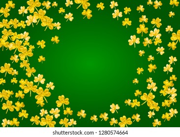 Shamrock background for Saint Patricks Day.  Lucky trefoil confetti. Glitter frame of clover leaves. Template for voucher, special business ad, banner. Dublin shamrock background.
