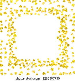 Shamrock background for Saint Patricks Day. Lucky trefoil confetti. Glitter frame of clover leaves. Template for special business offer, banner, flyer. Festal shamrock background.