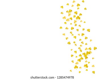 Shamrock background for Saint Patricks Day.  Lucky trefoil confetti. Glitter frame of clover leaves. Template for poster, gift certificate, banner. Irish shamrock background.