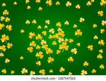 Shamrock background for Saint Patricks Day.  Lucky trefoil confetti. Glitter frame of clover leaves. Template for voucher, special business ad, banner. Festal shamrock background.