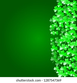 Shamrock background for Saint Patricks Day. Lucky trefoil confetti. Glitter frame of clover leaves. Template for voucher, special business ad, banner. Decorative shamrock background.