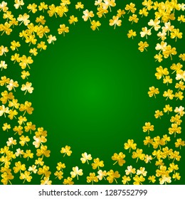 Shamrock background for Saint Patricks Day. Lucky trefoil confetti. Glitter frame of clover leaves. Template for flyer, special business offer, promo. Merry shamrock background.