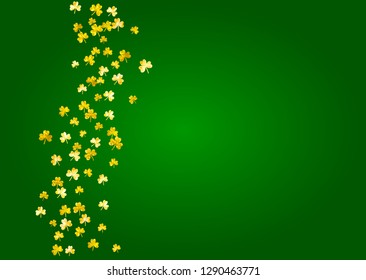 Shamrock background for Saint Patricks Day.  Lucky trefoil confetti. Glitter frame of clover leaves. Template for special business offer, banner, flyer. Holiday shamrock background.