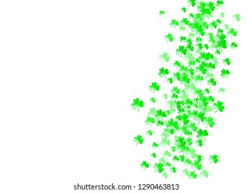 Shamrock background for Saint Patricks Day.  Lucky trefoil confetti. Glitter frame of clover leaves. Template for voucher, special business ad, banner. Holiday shamrock background.