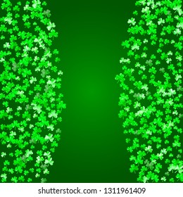 Shamrock background for Saint Patricks Day. Lucky trefoil confetti. Glitter frame of clover leaves. Template for party invite, retail offer and ad. Festal shamrock background.