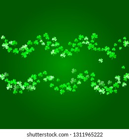 Shamrock background for Saint Patricks Day. Lucky trefoil confetti. Glitter frame of clover leaves. Template for flyer, special business offer, promo. Celtic shamrock background.