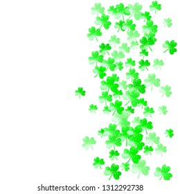 Shamrock background for Saint Patricks Day. Lucky trefoil confetti. Glitter frame of clover leaves. Template for voucher, special business ad, banner. Happy shamrock background.