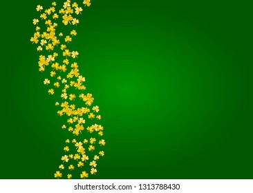 Shamrock background for Saint Patricks Day.  Lucky trefoil confetti. Glitter frame of clover leaves. Template for voucher, special business ad, banner. Festive shamrock background.