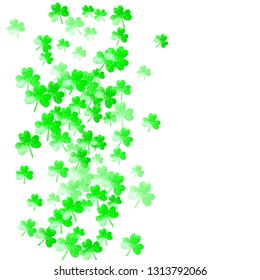 Shamrock background for Saint Patricks Day. Lucky trefoil confetti. Glitter frame of clover leaves. Template for flyer, special business offer, promo. Decorative shamrock background.