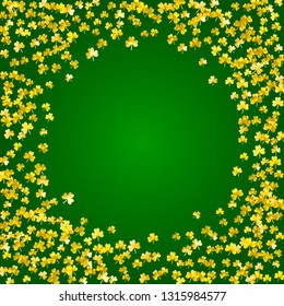 Shamrock background for Saint Patricks Day. Lucky trefoil confetti. Glitter frame of clover leaves. Template for special business offer, banner, flyer. Greeting shamrock background.