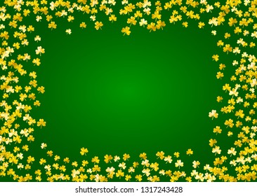 Shamrock background for Saint Patricks Day.  Lucky trefoil confetti. Glitter frame of clover leaves. Template for voucher, special business ad, banner. Holiday shamrock background.