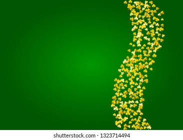 Shamrock background for Saint Patricks Day.  Lucky trefoil confetti. Glitter frame of clover leaves. Template for poster, gift certificate, banner. Irish shamrock background.