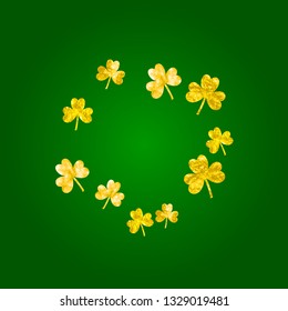 Shamrock background for Saint Patricks Day. Lucky trefoil confetti. Glitter frame of clover leaves. Template for special business offer, banner, flyer. Dublin shamrock background.