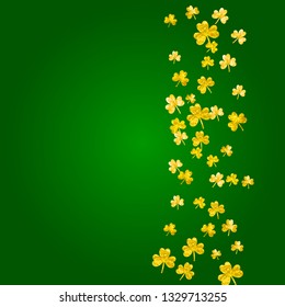 Shamrock background for Saint Patricks Day. Lucky trefoil confetti. Glitter frame of clover leaves. Template for special business offer, banner, flyer. Merry shamrock background.