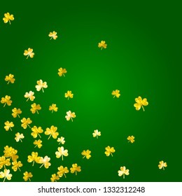Shamrock background for Saint Patricks Day. Lucky trefoil confetti. Glitter frame of clover leaves. Template for special business offer, banner, flyer. Merry shamrock background.