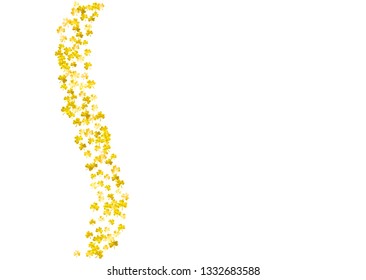Shamrock background for Saint Patricks Day.  Lucky trefoil confetti. Glitter frame of clover leaves. Template for gift coupons, vouchers, ads, events. Merry shamrock background.