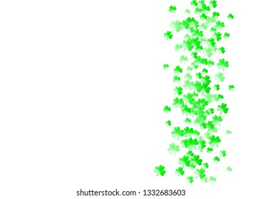 Shamrock background for Saint Patricks Day.  Lucky trefoil confetti. Glitter frame of clover leaves. Template for party invite, retail offer and ad. Dublin shamrock background.