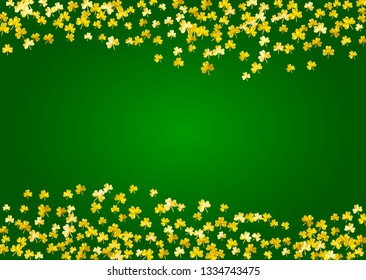 Shamrock background for Saint Patricks Day.  Lucky trefoil confetti. Glitter frame of clover leaves. Template for gift coupons, vouchers, ads, events. Holiday shamrock background.
