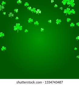 Shamrock background for Saint Patricks Day. Lucky trefoil confetti. Glitter frame of clover leaves. Template for special business offer, banner, flyer. Merry shamrock background.