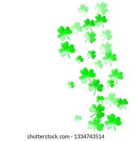 Shamrock background for Saint Patricks Day. Lucky trefoil confetti. Glitter frame of clover leaves. Template for special business offer, banner, flyer. Decorative shamrock background.