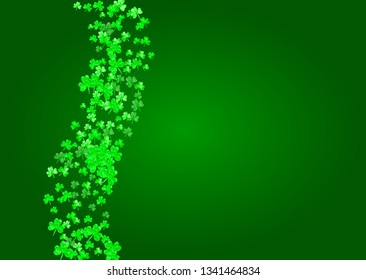 Shamrock background for Saint Patricks Day.  Lucky trefoil confetti. Glitter frame of clover leaves. Template for poster, gift certificate, banner. Celtic shamrock background.