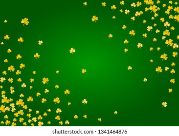 Shamrock background for Saint Patricks Day.  Lucky trefoil confetti. Glitter frame of clover leaves. Template for voucher, special business ad, banner. Greeting shamrock background.