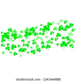 Shamrock background for Saint Patricks Day. Lucky trefoil confetti. Glitter frame of clover leaves. Template for poster, gift certificate, banner. Festal shamrock background.