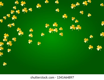 Shamrock background for Saint Patricks Day.  Lucky trefoil confetti. Glitter frame of clover leaves. Template for party invite, retail offer and ad. Greeting shamrock background.